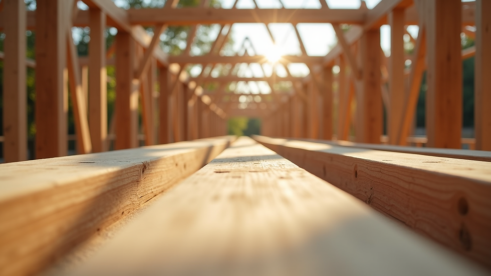 Eye-level view of wooden beams used in sustainable construction