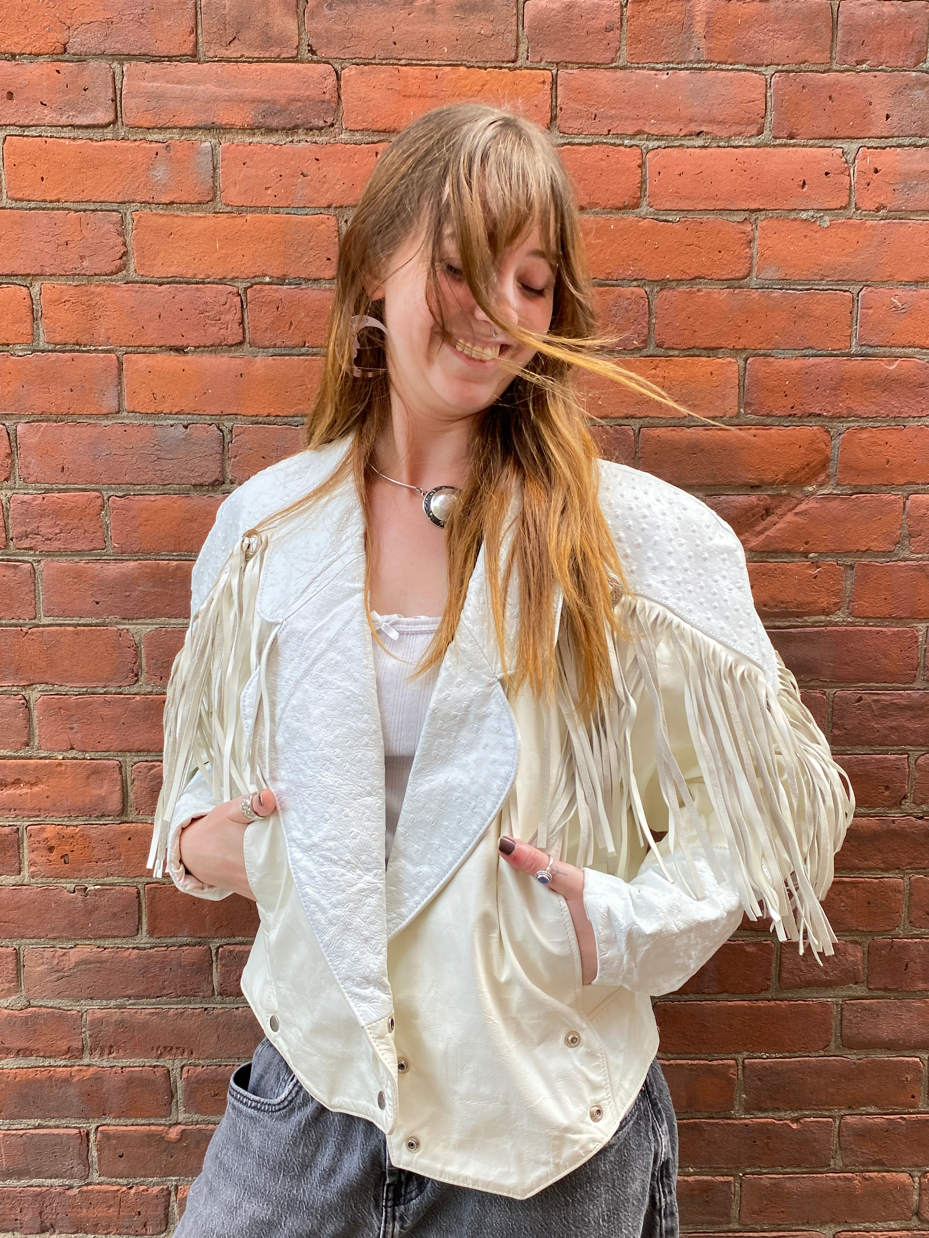 Vintage 1980s White Leather Fringe Jacket