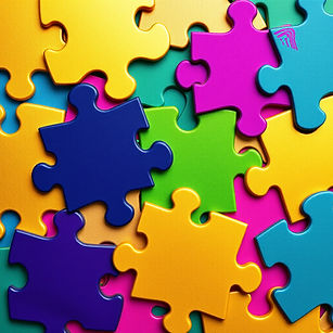 group of jumbo puzzle pieces with assorted colors of gold, navy, bright purple, forest gre