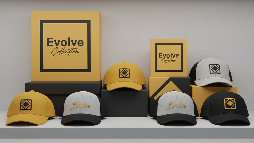 Eye-level view of a store shelf filled with various caps