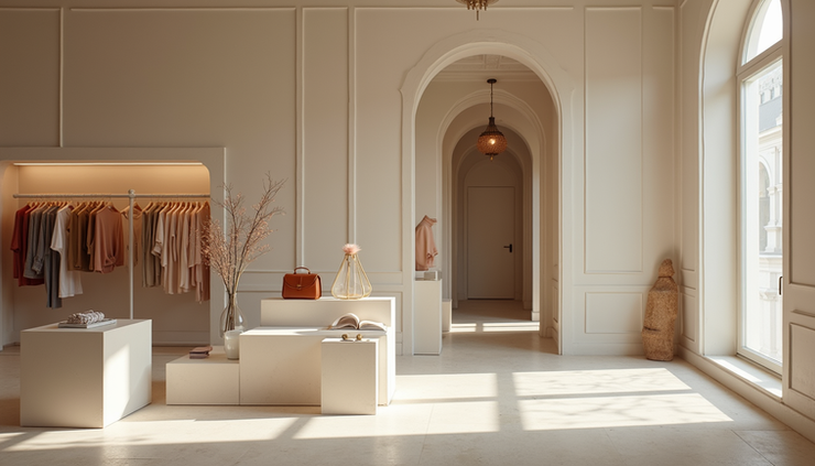Eye-level view of a minimalist boutique showcasing unique fashion pieces