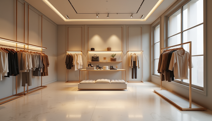 Eye-level view of a minimalist boutique interior with premium fashion pieces displayed