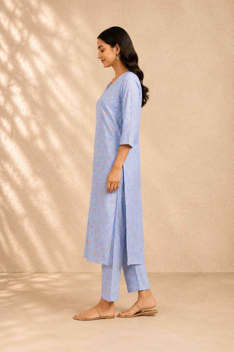 Thumbnail: Floral Checked Slitted Kurti Co-ord Set