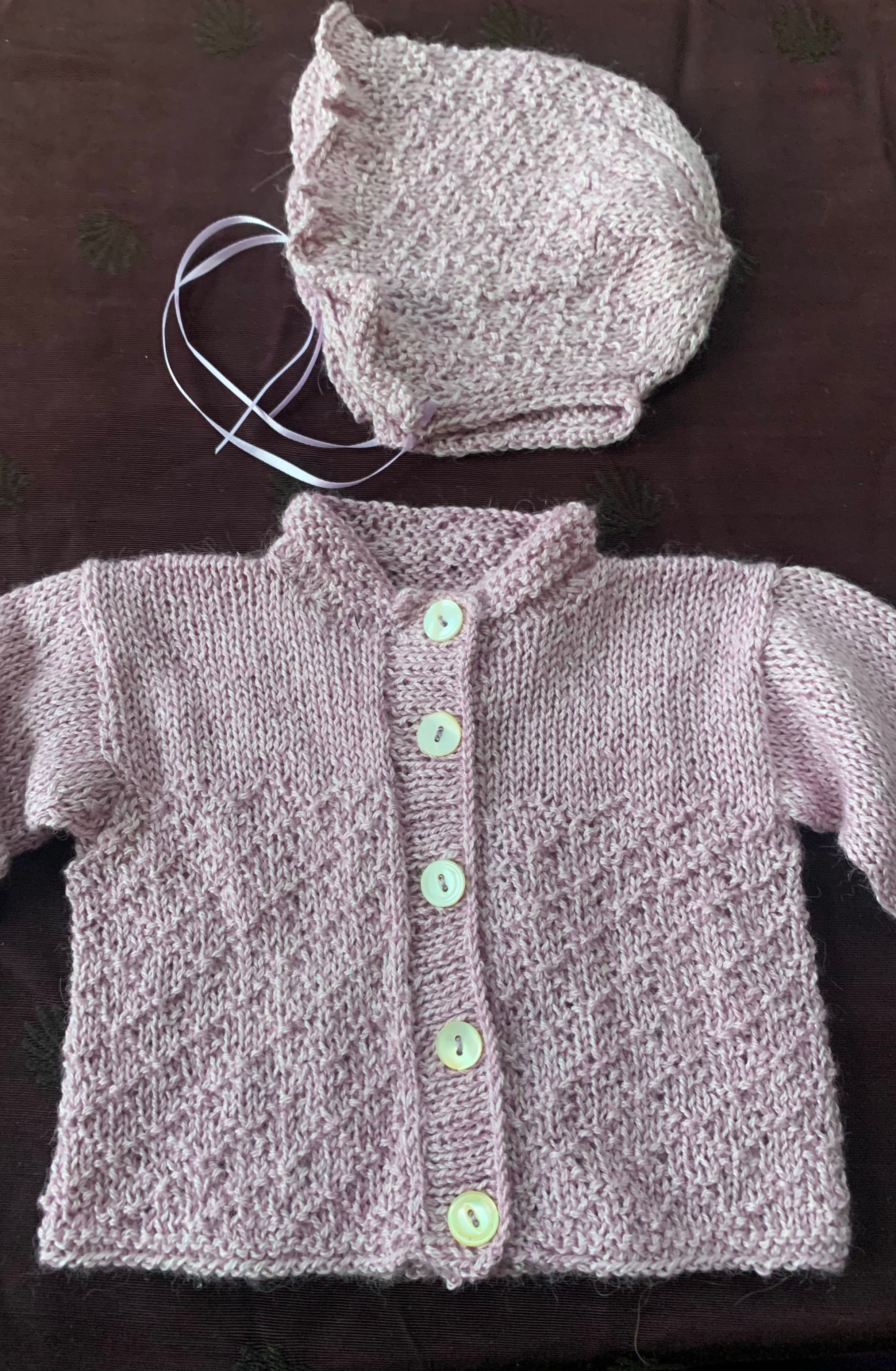 softest ever baby cardigan and bonnet set, baby alpaca/silk blend, 0-8 mo.s