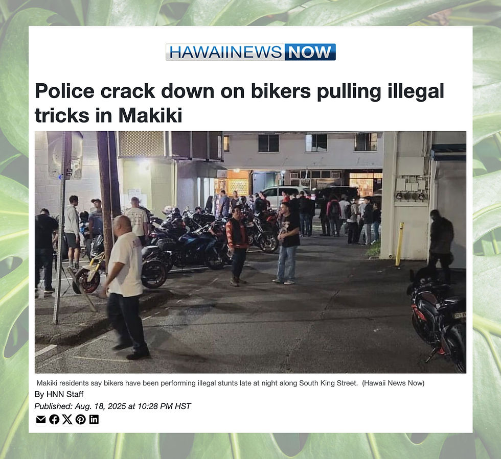 Hawaii News Now screenshot of video news story shows bikers in the parking lot and lane next to bar at night.