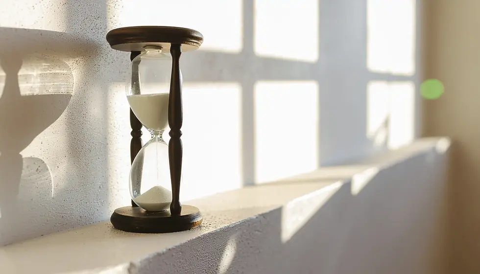 Soft hourglass shadow on a clean wall with fading daylight, reinforcing urgency and deadlines with no text.