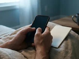 Hands holding a smartphone and notepad on a couch while searching for local criminal defense lawyers online.