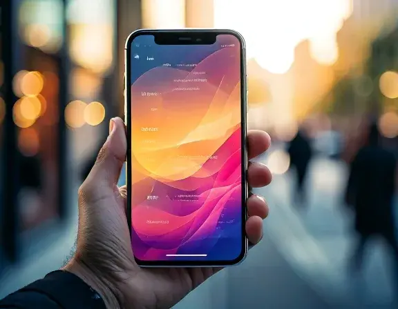 Hand holding a phone with a blank screen near soft light and blurred public movement, supporting the reputation and reviews section.