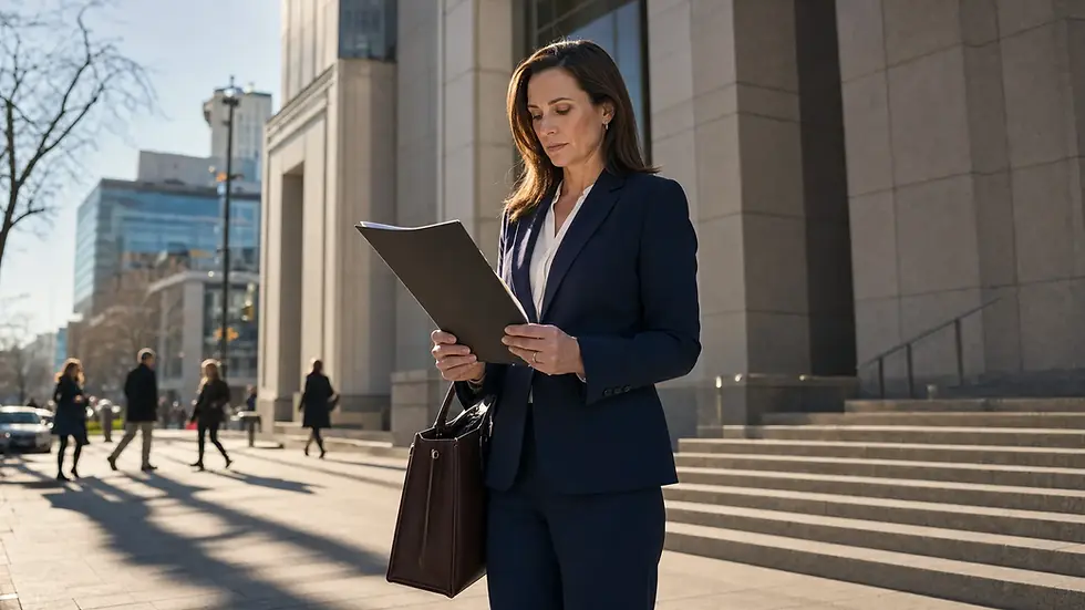 Female attorney reviewing a legal brief on a granite courthouse plaza in Salt Lake City, afternoon light