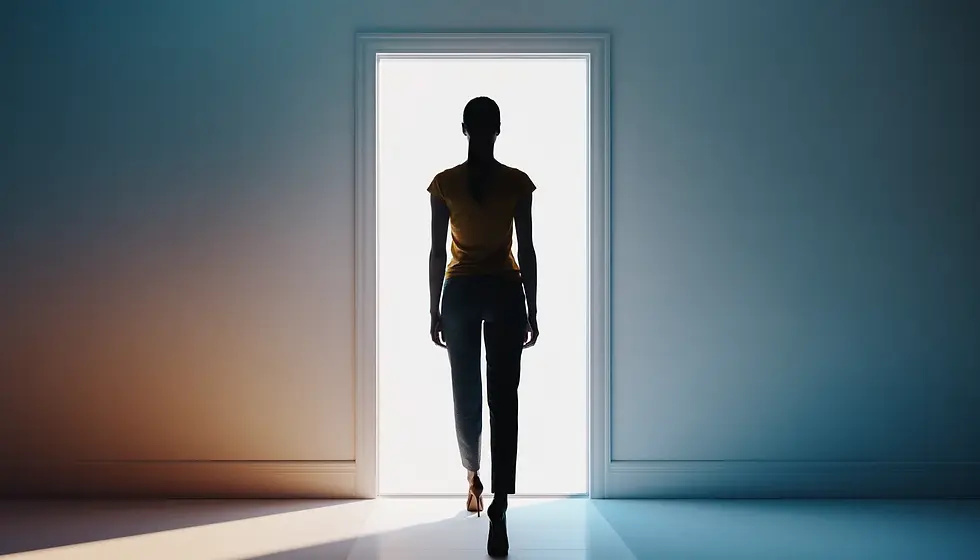 Person standing at a doorway threshold with soft daylight ahead and open wall space, supporting a calm decision moment without showing a face.