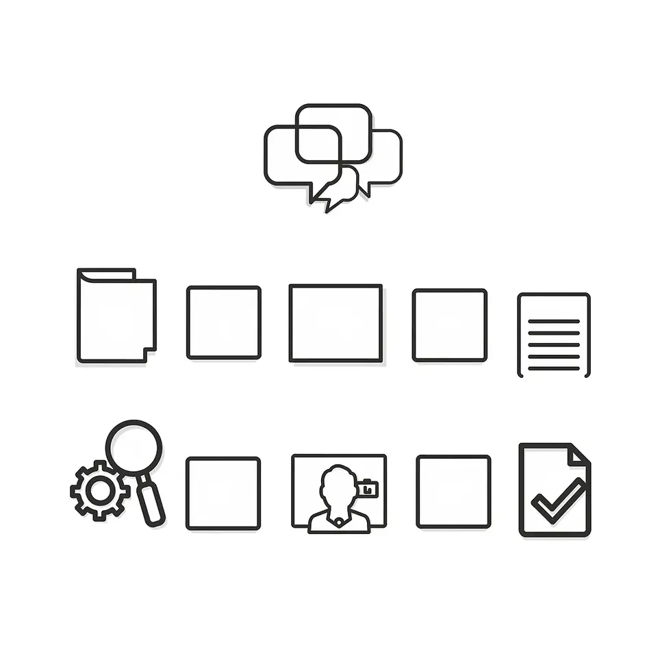 Icon-only checklist graphic that cues the key questions to ask during a DUI attorney consultation without using any words.