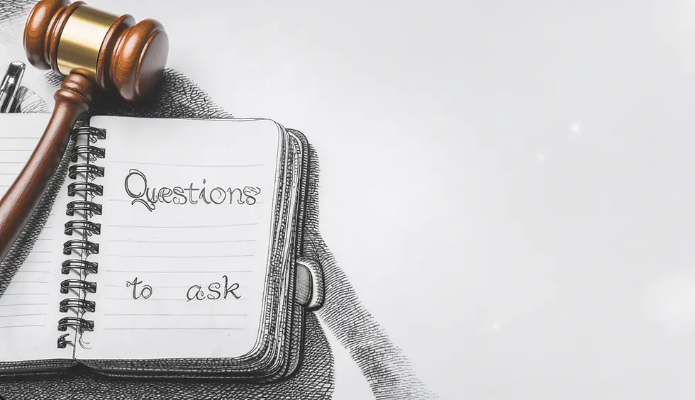 Gavel beside an open notebook labeled Questions to ask, with wide blank space for a blog hero headline.