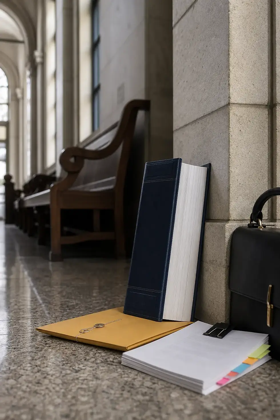 Bound appellate brief and tabbed motion documents resting against the wall of a Utah courthouse interior corridor