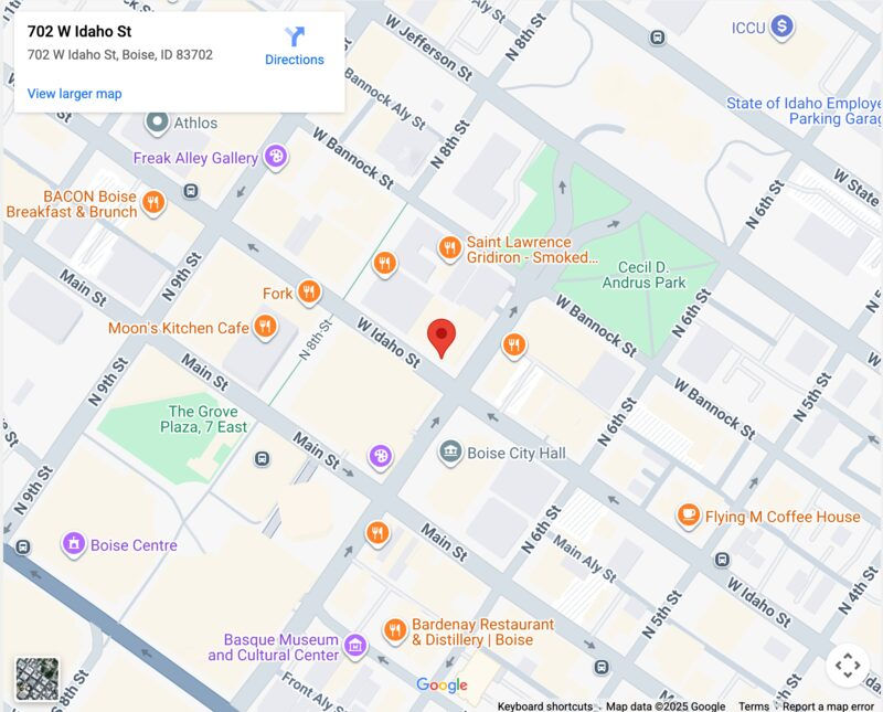 Map showing Zabriskie Law Firm at 702 W Idaho St, Boise, ID 83702 near W Idaho St and N 8th St