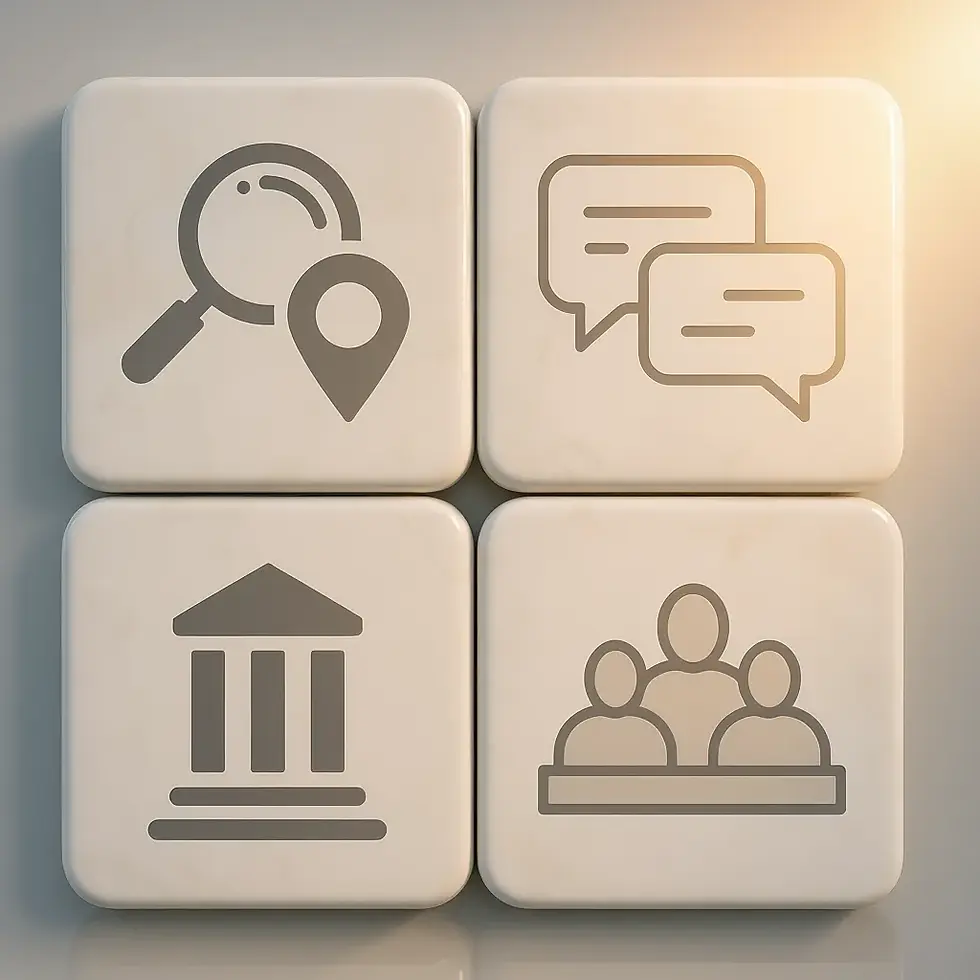 Vector grid of icons showing online search, referrals, bar association, and local events for finding criminal lawyers.