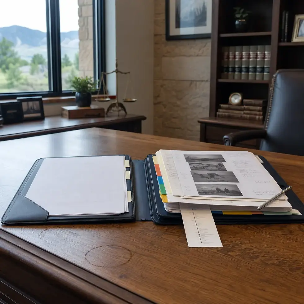 Two case folders side by side on an oak desk — one sparse and one densely tabbed — illustrating the preparation gap between generalist and specialist defense counsel