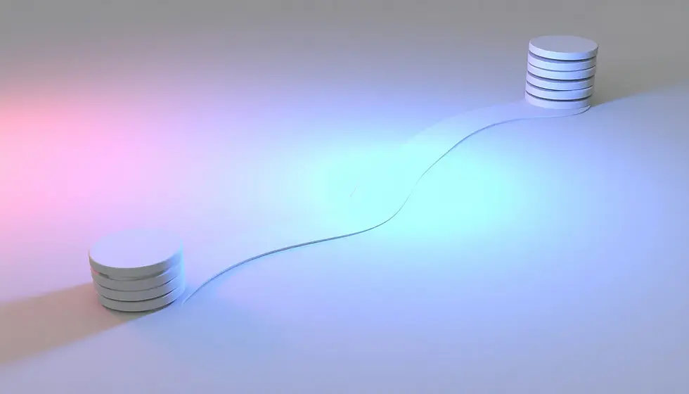 Abstract 3D scene of two smooth paths leading past separate stacks of discs.