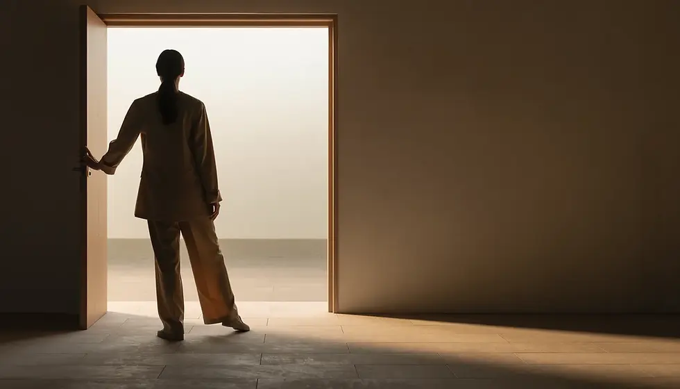 Person paused at a bright doorway threshold with calm negative space, setting a clean hero banner for a lawyer cost guide.