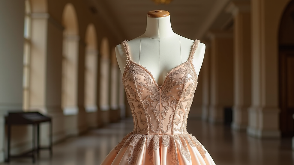 Eye-level view of a luxurious haute couture gown displayed on a mannequin