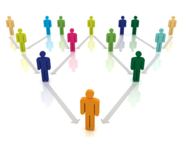 multicolored human icons standing in org chart with lines connecting them showing corporate hierarchy