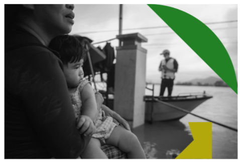 black and white photograph of a Southeast Asian woman holding a young child, with branded coloured icon overlay