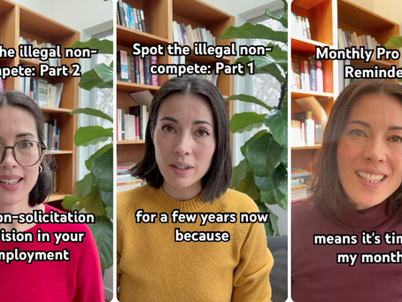 Youtube thumbnails of Rika Sawatsky's videos on how ot spot the illegal non-compete in your contract..