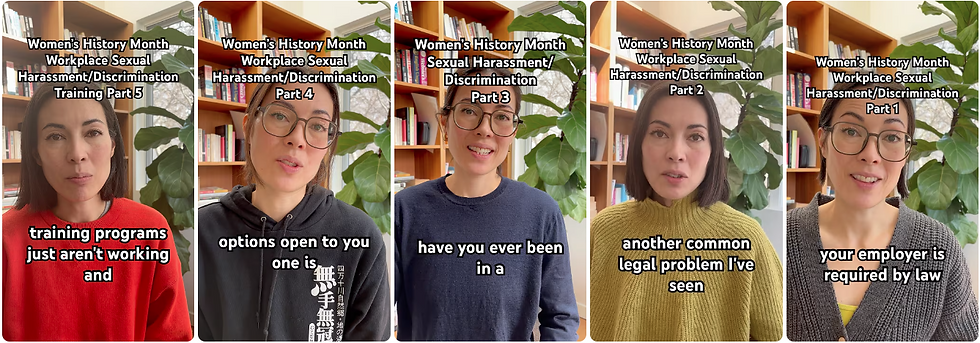 YouTube thumbnails of Rika Sawatsky's videos on workplace sexual harassment.