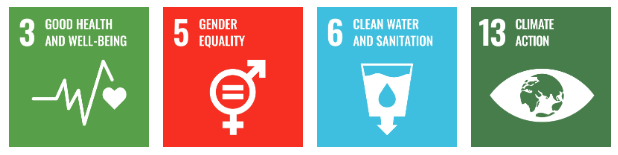 Icons of United Nations Sustainable Development Goals 3, 5, 6, and 13.