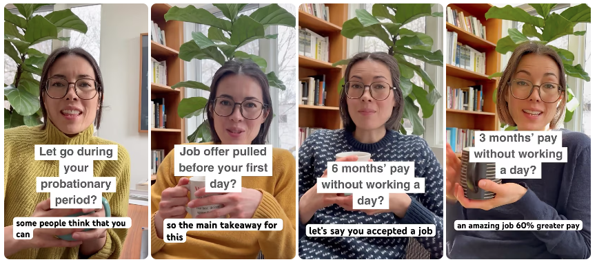 Screenshots of Rika speaking in the four Youtube videos covering probationary clauses.