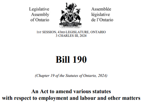 Cover of Ontairo's Bill 190, which will roll out a number of job postings-related laws