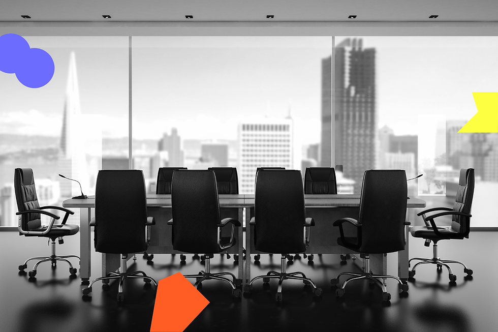 black and white photo of boardroom, with branded coloured icon overlay