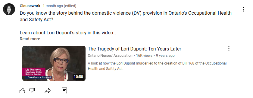 Screenshot of YouTube video on the history of s. 32.0.4 of the Occupational Health and Safety Act.