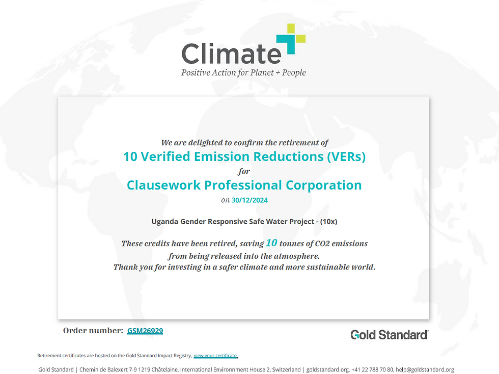 Gold Standard's certificate of retirement of 10 carbon credits purchased from the Uganda Gender Responsive Safe Water Project.