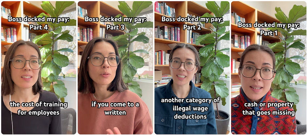 YouTube thumbnails of Rika Sawatsky's videos on illegal wage deductions.