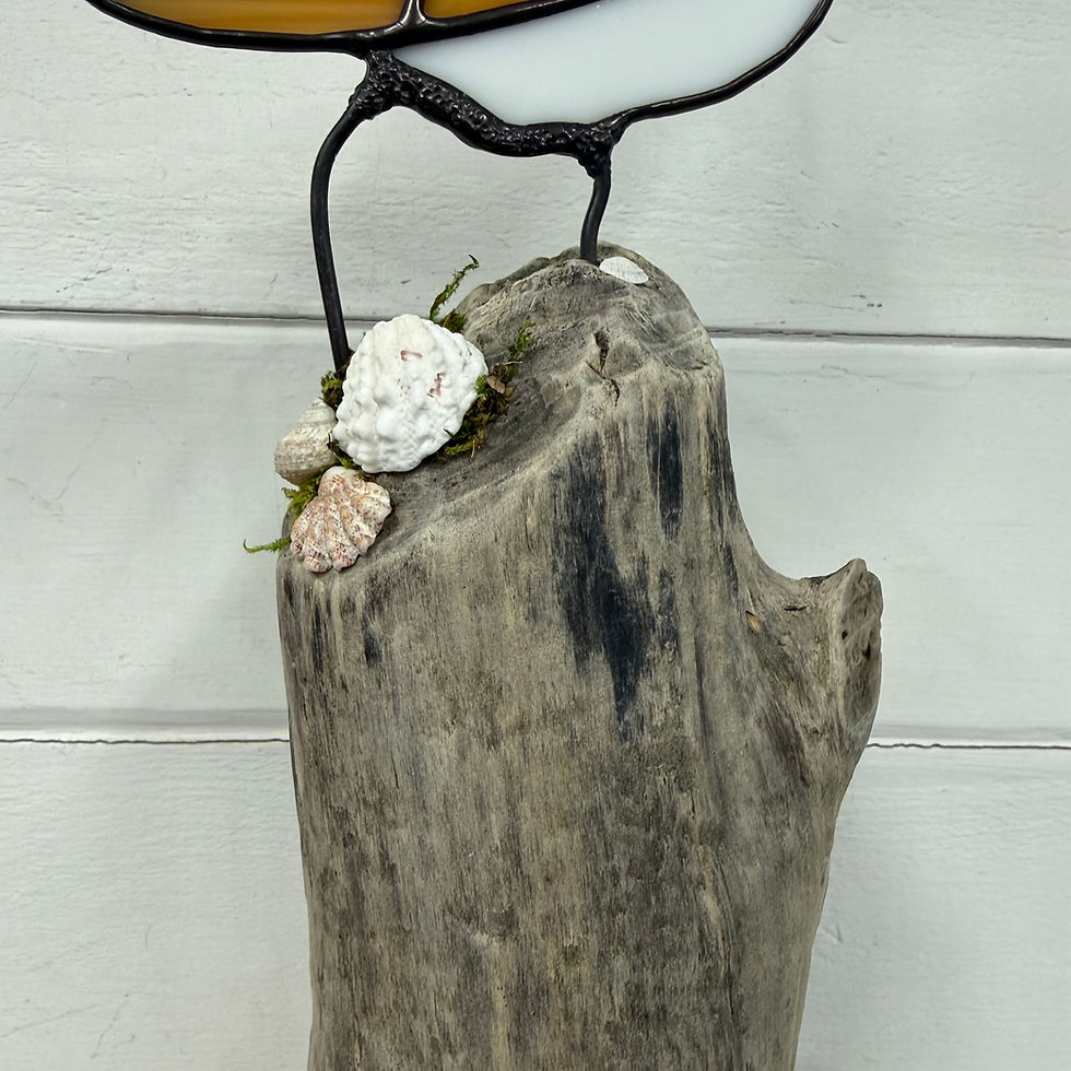 Thumbnail: Stained Glass Sandpiper Sculpture on Beaver Chewed Driftwood