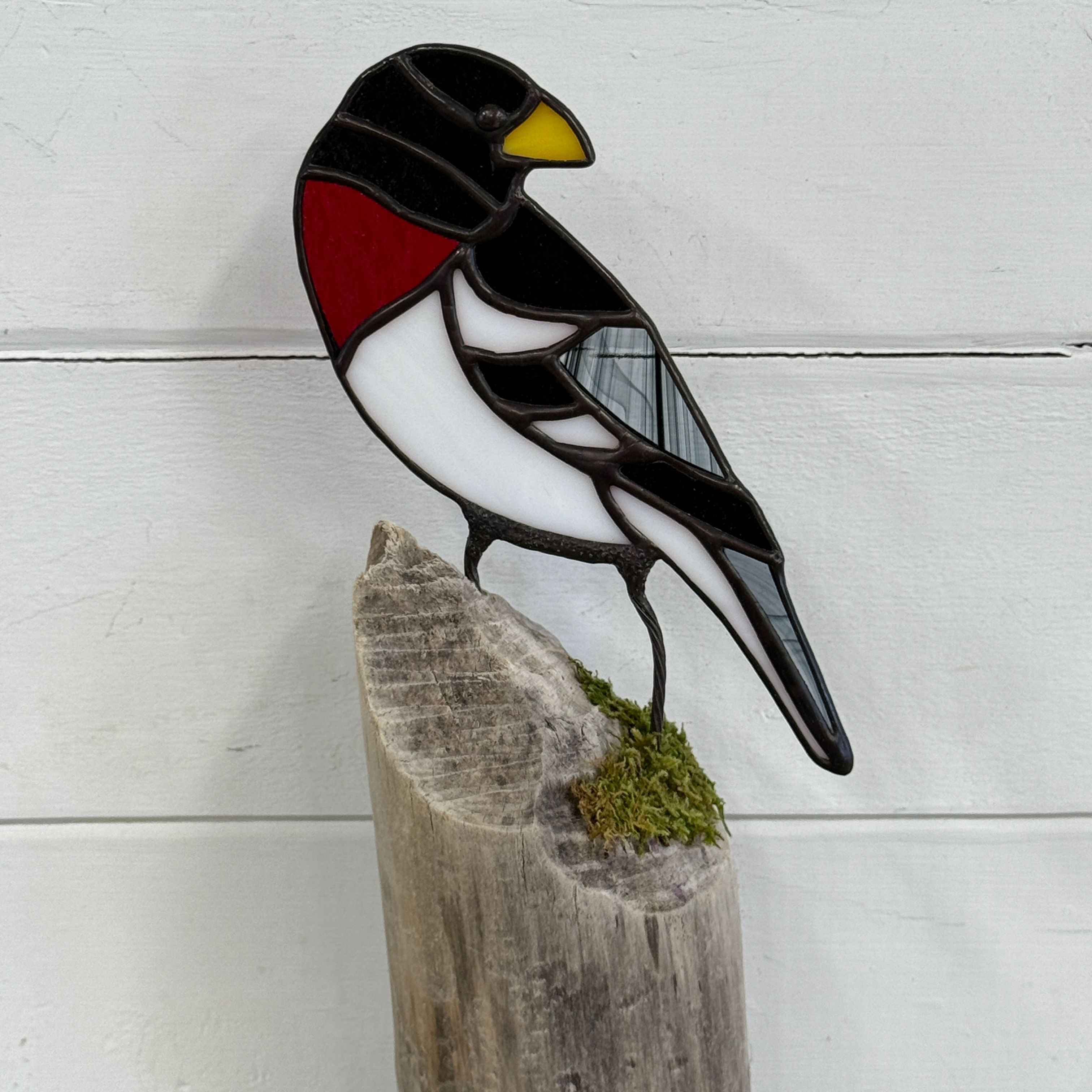 Rose Breasted Grosbeak on Driftwood - Stained Glass - original & unique