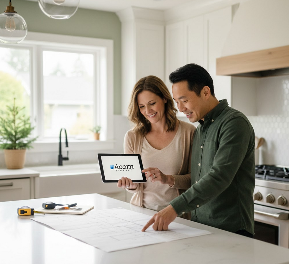 A photo of a smiling couple looking at blueprints in a kitchen, one holding a tablet displaying the Acorn Finance logo.