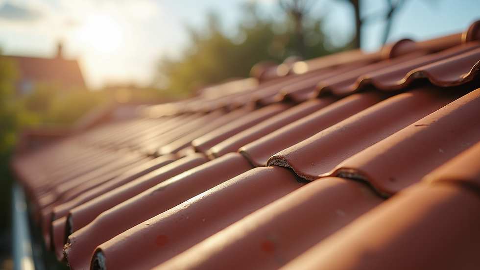 Close-up view of clay roof tiles on a sunny day