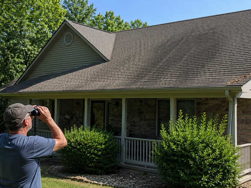 Homeowner using binoculars to inspect asphalt shingle roof from the ground, roof inspection, Branson MO, Don Roofing and Siding