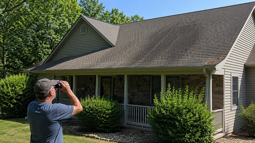 Homeowner using binoculars to inspect asphalt shingle roof from the ground, roof inspection, Branson MO, Don Roofing and Siding