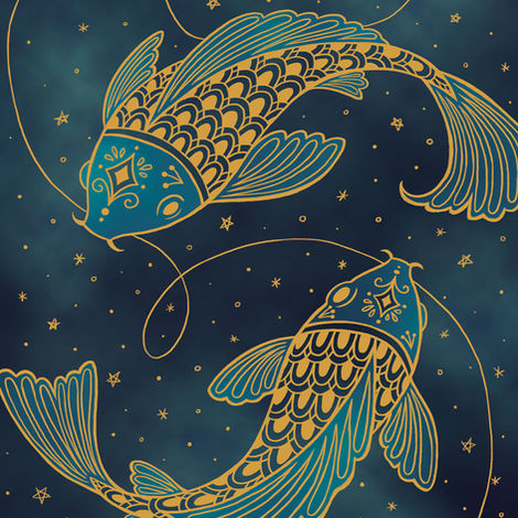 Navy and gold illustration of two koi fish surrounded by stars, representing the constellation Pisces.