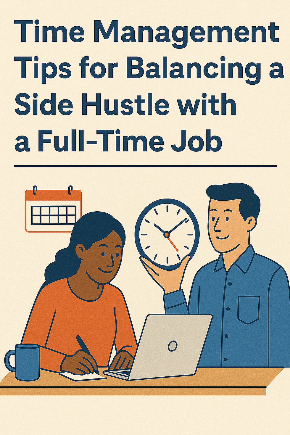 A flat, vintage-inspired digital illustration in full view displays the title “Time Management Tips for Balancing a Side Hustle with a Full-Time Job” above two figures: a woman working at a desk with a notepad, coffee mug, and laptop, and a man standing beside her holding a clock. A small calendar icon appears on the wall, reinforcing the theme of time management.