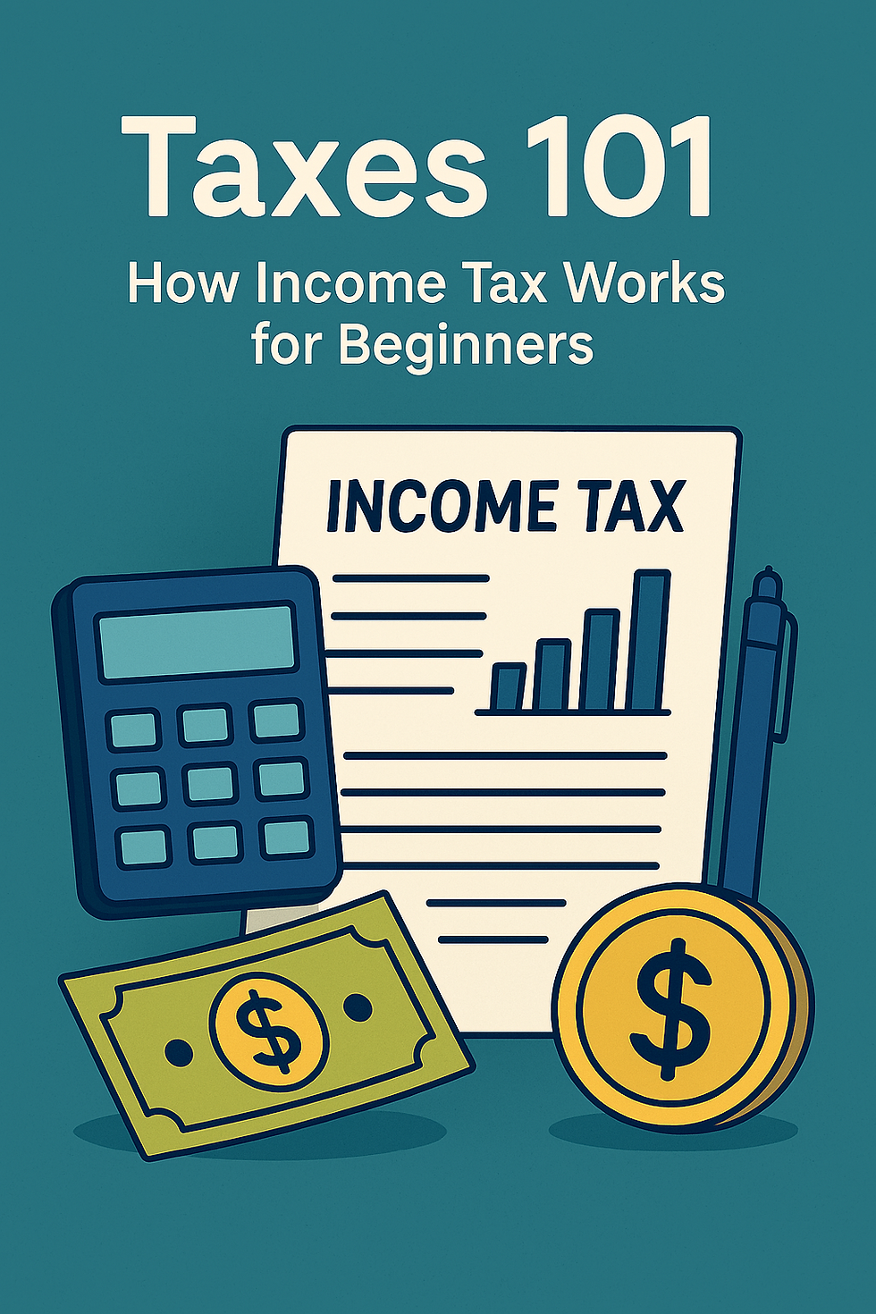 Illustration titled "Taxes 101: How Income Tax Works for Beginners" featuring a calculator, a tax document labeled "Income Tax" with a bar graph, a dollar bill, and a gold coin, all set against a teal background.