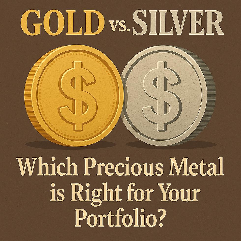 A 2D digital graphic featuring a gold coin and a silver coin side by side, with bold text reading “Gold vs. Silver” above them and the question “Which Precious Metal is Right for Your Portfolio?” below, set against a brown textured background.