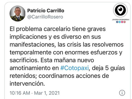 NUEVO AMOTINAMIENTO EN CÁRCEL DE COTOPAXI