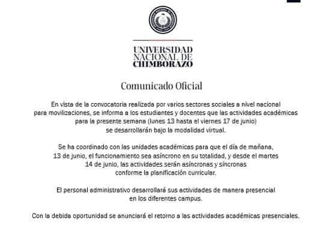 UNACH Y ESPOCH INFORMAN QUE LAS ACTIVIDADES ACADÉMICAS SE LAS REALIZARÁN DE FORMA VIRTUAL