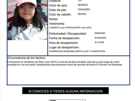 ALERTA EMILI ACTIVADA POR NIÑA DESAPARECIDA EN RIOBAMBA