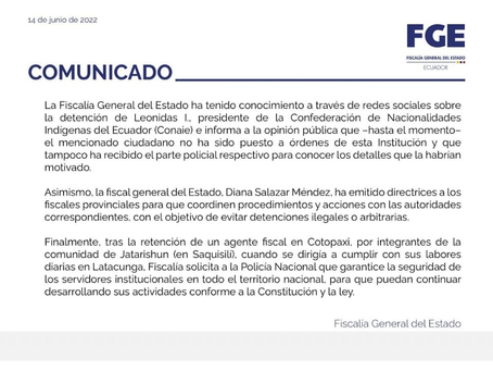 COMUNICADO OFICIAL EMITIDO POR LA FISCALÍA GENERAL DEL ESTADO