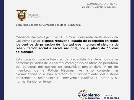 GUILLERMO LASSO DISPUSO RENOVAR EL ESTADO DE EXCEPCIÓN EN LOS CENTROS DE PRIVACIÓN DE LA LIBERTAD