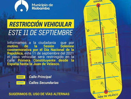 ESTE SÁBADO 11 DE SEPTIEMBRE EL PASO VEHÍCULAR ESTARÁ RESTRINGIDO